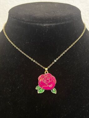 Gold Chain Necklace with Pink Rose Enamel Pendant